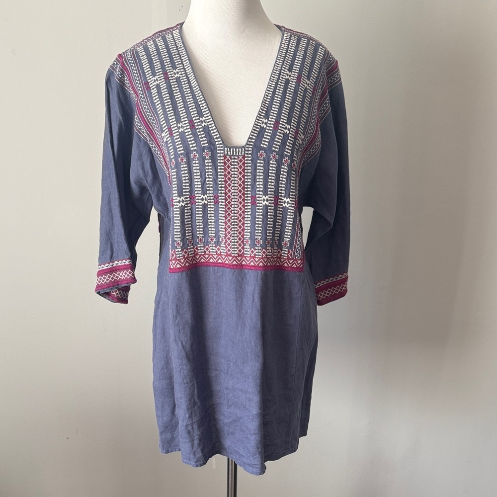 Cabi Embroidered V-Neck Tunic Top - Blue and Pink sz Med